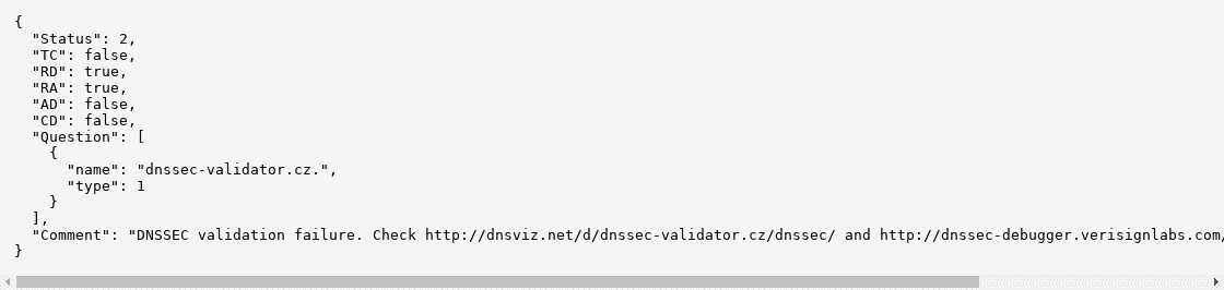 dns.google.com output showing DNSSEC outage for dnssec-validator.cz
