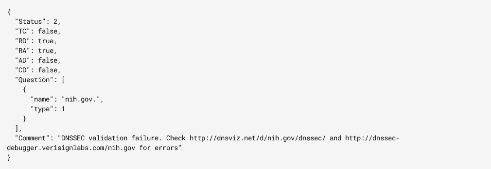 dns.google.com view of April 22, 2021 nih.gov DNSSEC outage