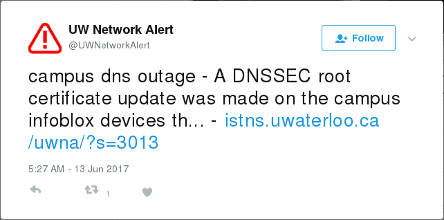 University of Waterloo Campus DNSSEC outage, June 13, 2017