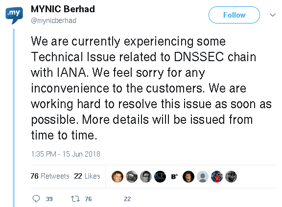 MYNIC acknowledges .my TLD DNSSEC outage
