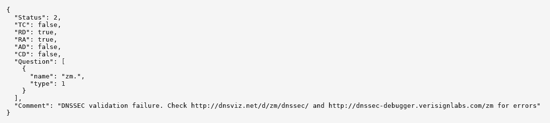 April 26, 2019 zm (Zambia) DNSSEC outage, shown by dns.google.com