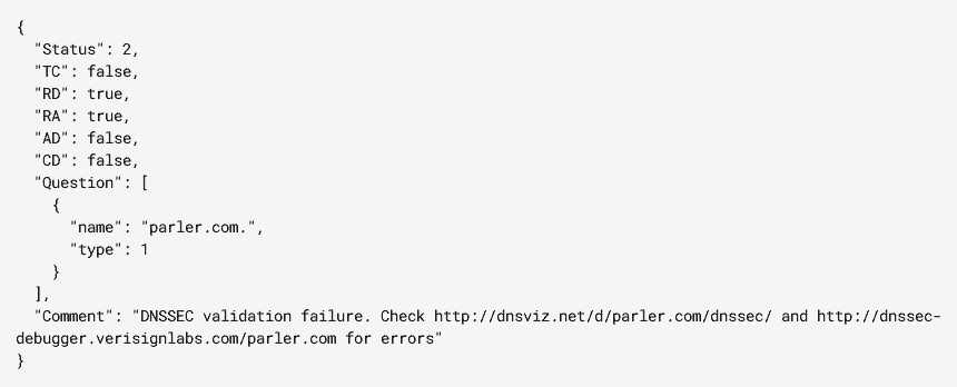 April 18, 2021 parler.com DNSSEC outage, seen from dns.google.com