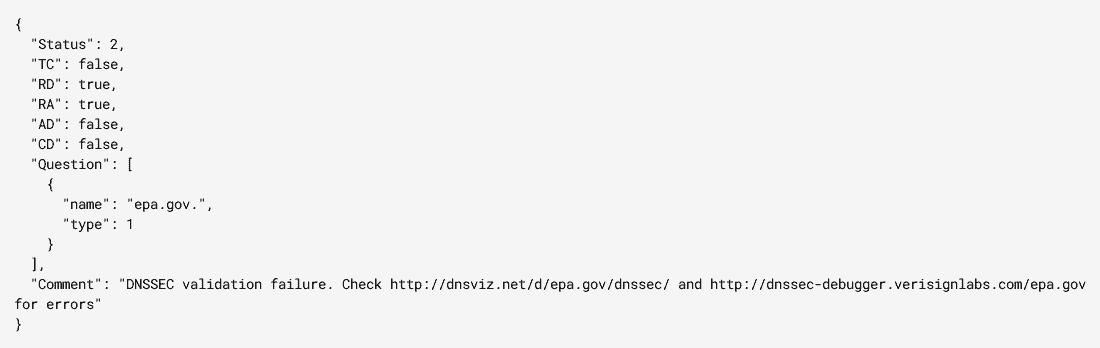 dns.google.com view of April 19, 2021 epa.gov DNSSEC outage