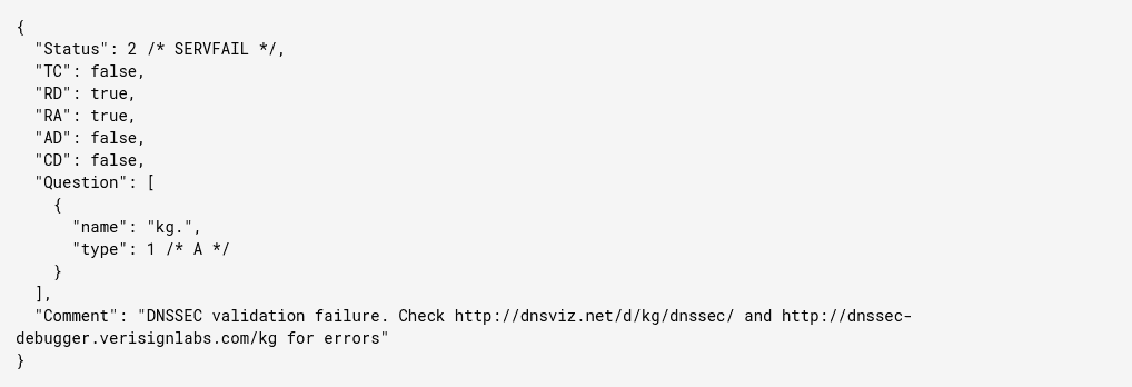 dns.google.com shows kg TLD DNSSEC outage